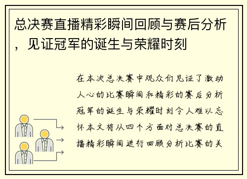 总决赛直播精彩瞬间回顾与赛后分析，见证冠军的诞生与荣耀时刻